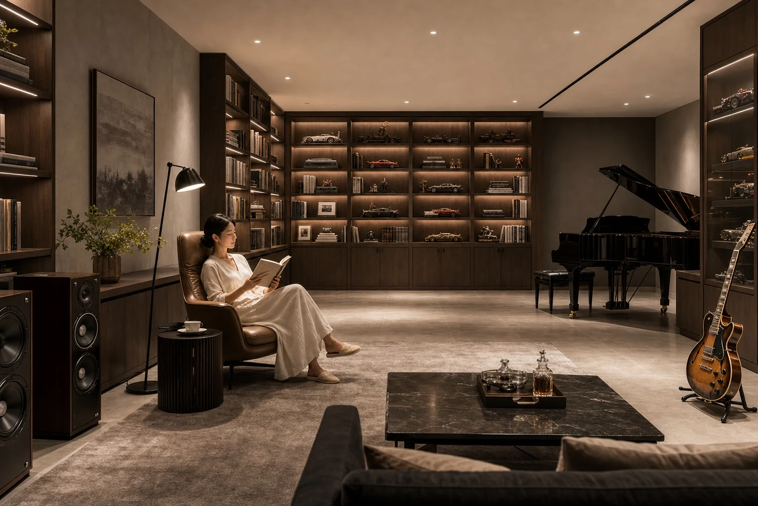高端住宅地下室阅读与音乐空间全景，书架书柜、模型收藏、音响、钢琴与吉他并存，有人物安静阅读，灯光克制聚焦且地下室无窗