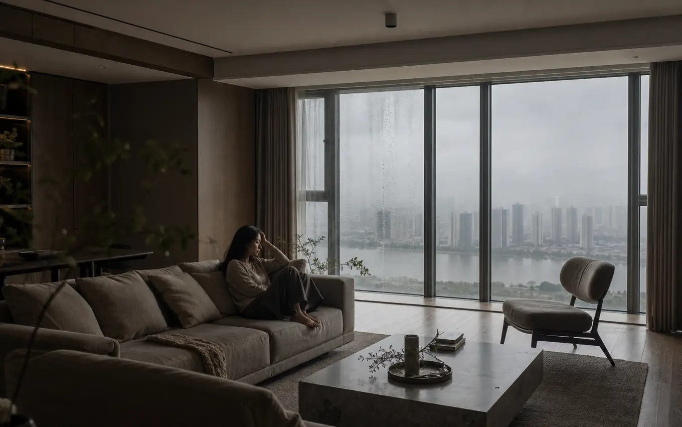 高端住宅室内场景，在长沙阴雨湿雾与轻微窗面冷凝中，人物感受到潮湿与闷压带来的长期居住负担