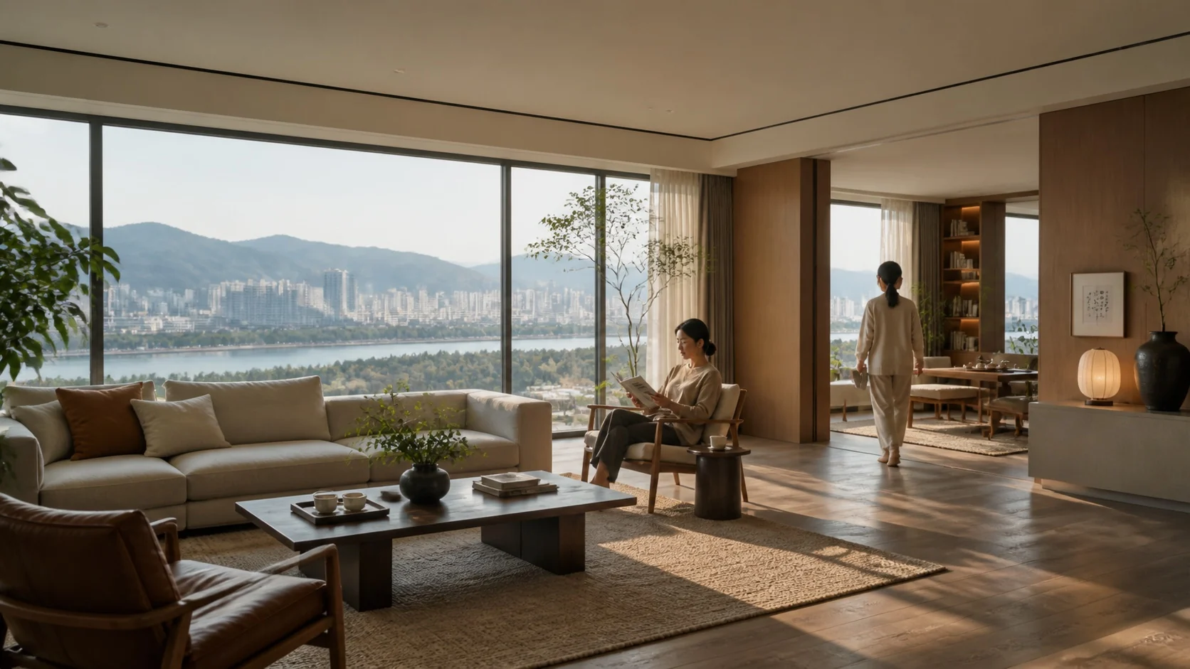 湖南高层住宅开阔客厅与茶室生活场景，室内清爽干净安静，没有传统空调设备感