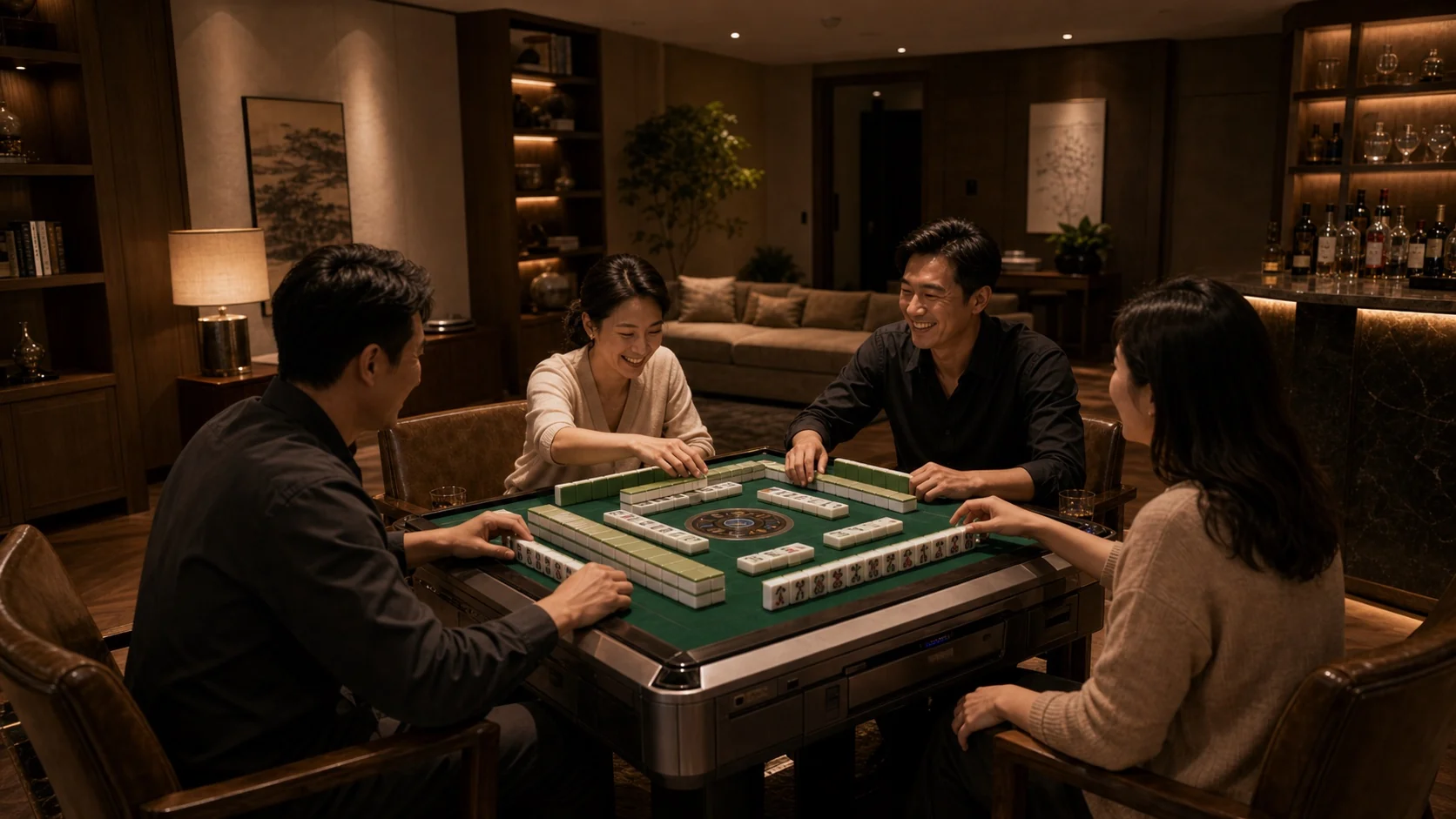 高端住宅地下室棋牌室，人物围坐游戏交流，木作与软包墙面高级安静，空气更新稳定