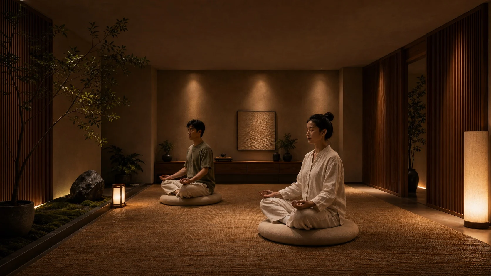 高端住宅地下室冥想打坐空间，人物安静坐于软垫，木作、织物、绿植和柔和光线营造稳定舒适环境