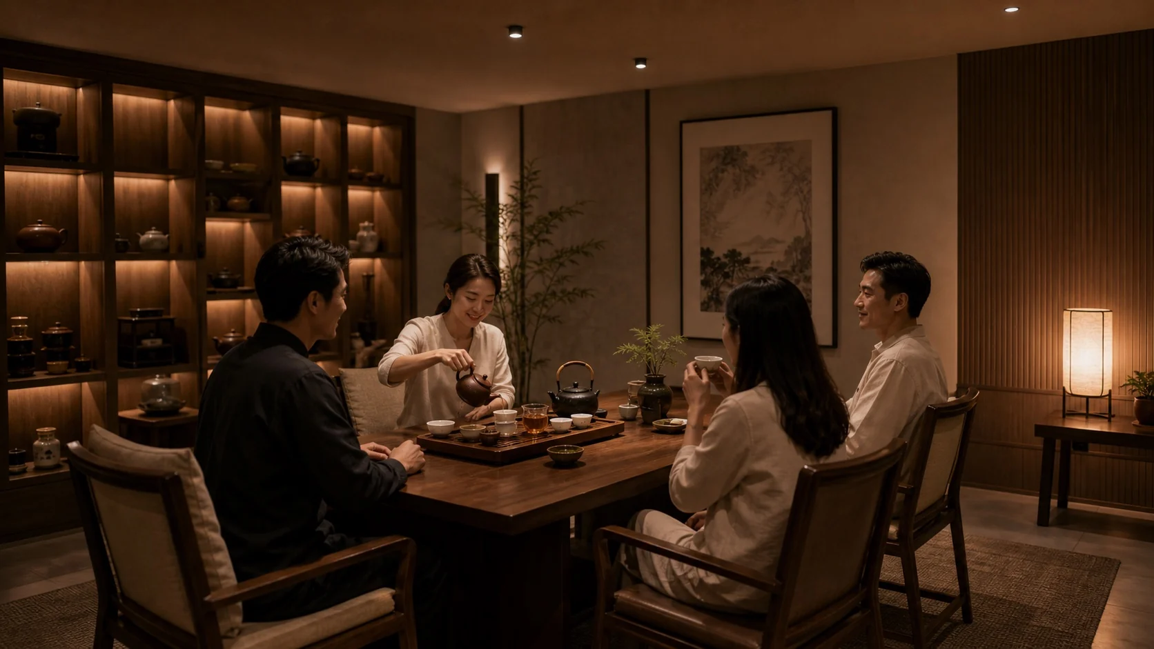 高端住宅地下室茶室空间，木作、织物、茶席与人物自然会客，空气干爽安静，适合长期停留