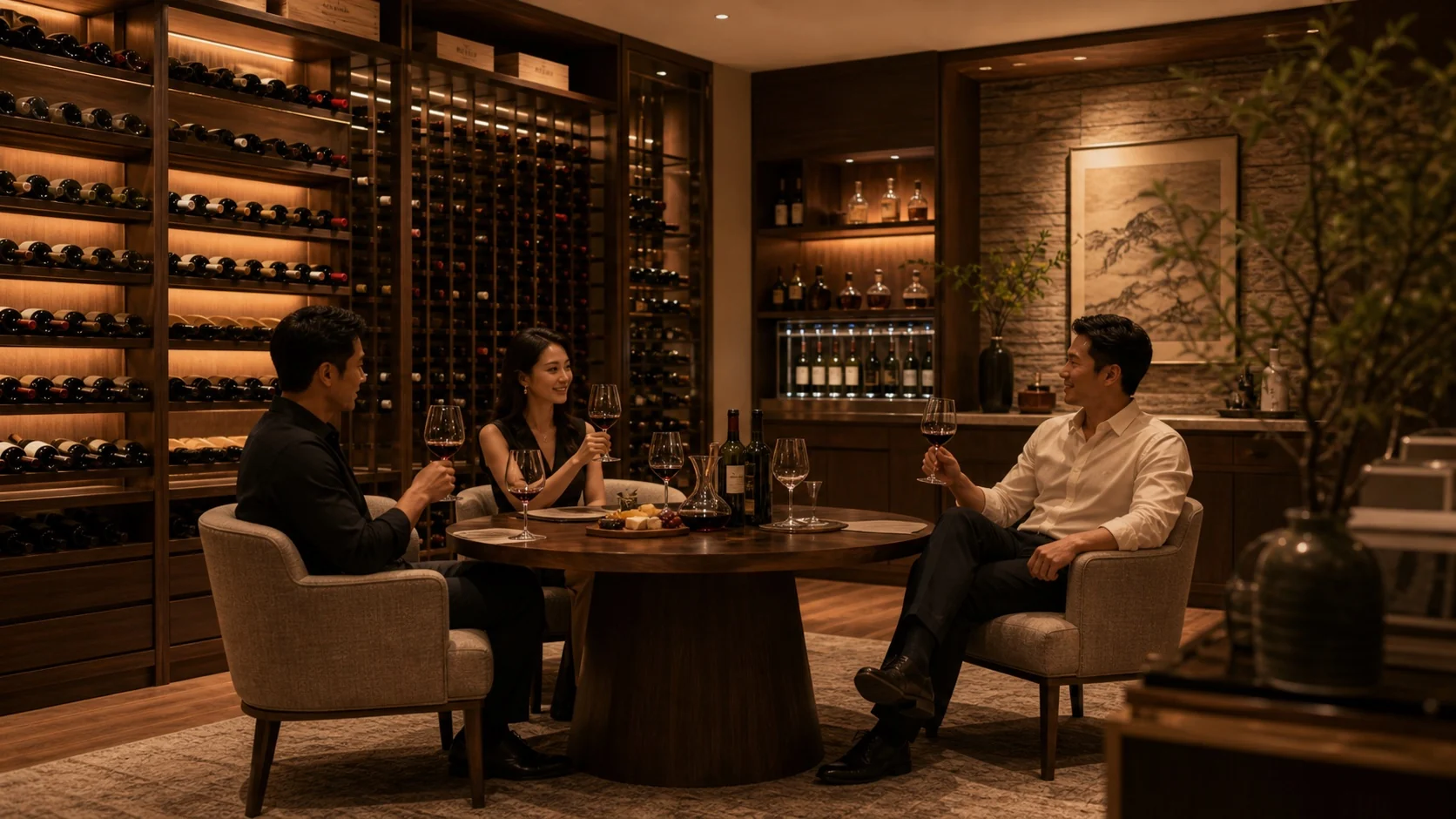 高端住宅地下室酒窖与品鉴空间，酒柜、木作、品鉴桌和人物自然交流，温湿度稳定