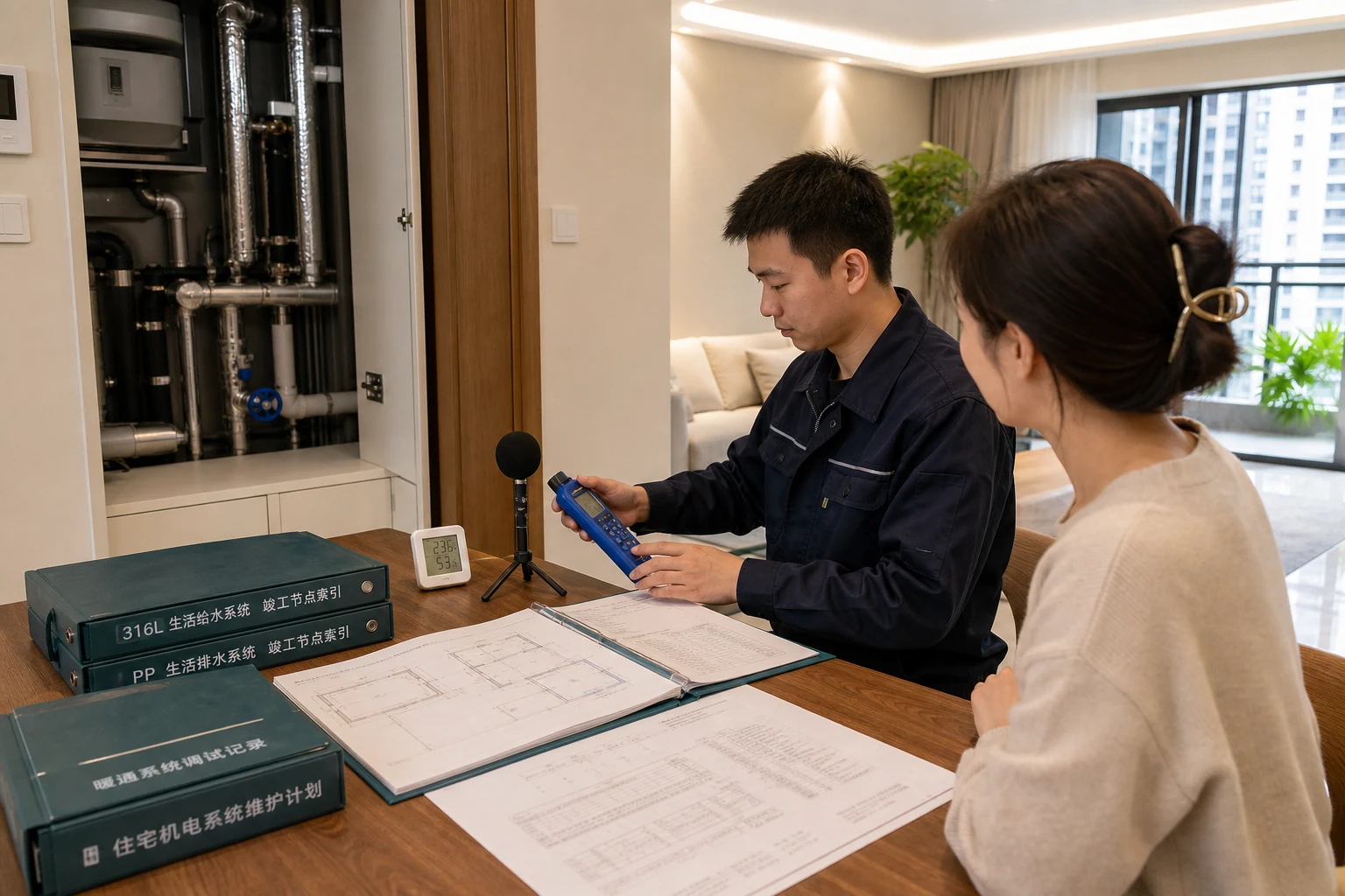 工程师在住宅交付后复测运行状态并向住户说明竣工档案和维护计划