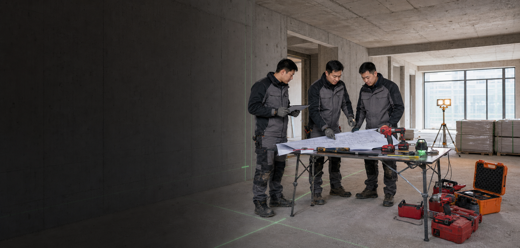 中国住宅机电设计工程师与施工团队在毛坯住宅现场核对 BIM、施工图和放样尺寸