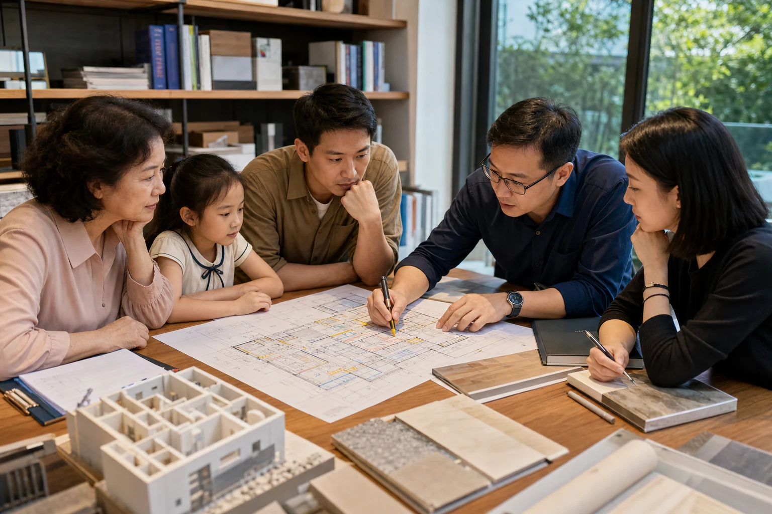 住宅家庭与设计团队围绕平面图和建筑模型确认这一户的生活需求与系统边界