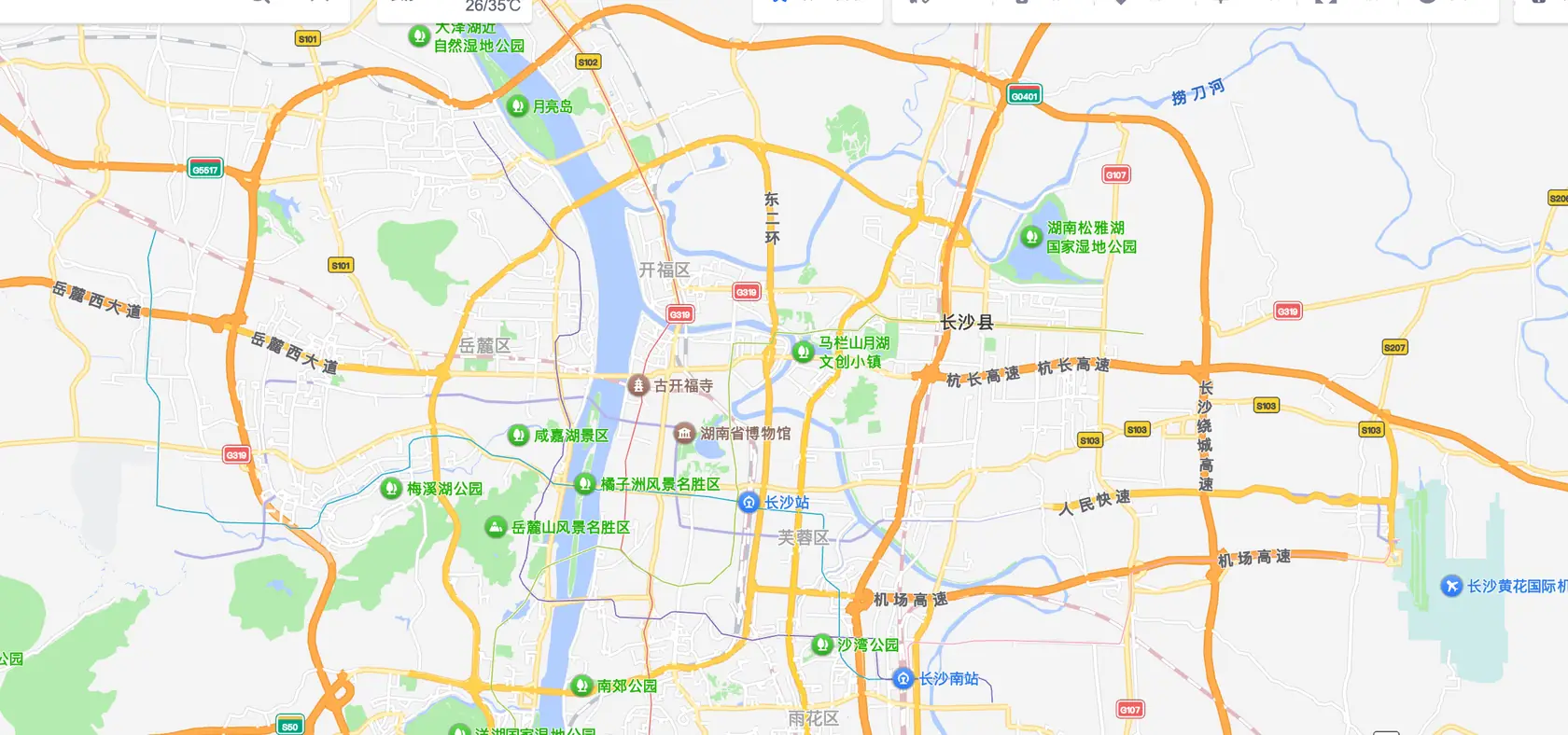 基于高德地图长沙城区视角截取的服务地图，标注岳麓区北辰时光里、雨花区欧亚达国际家居馆与华际天际 A 区三个服务点