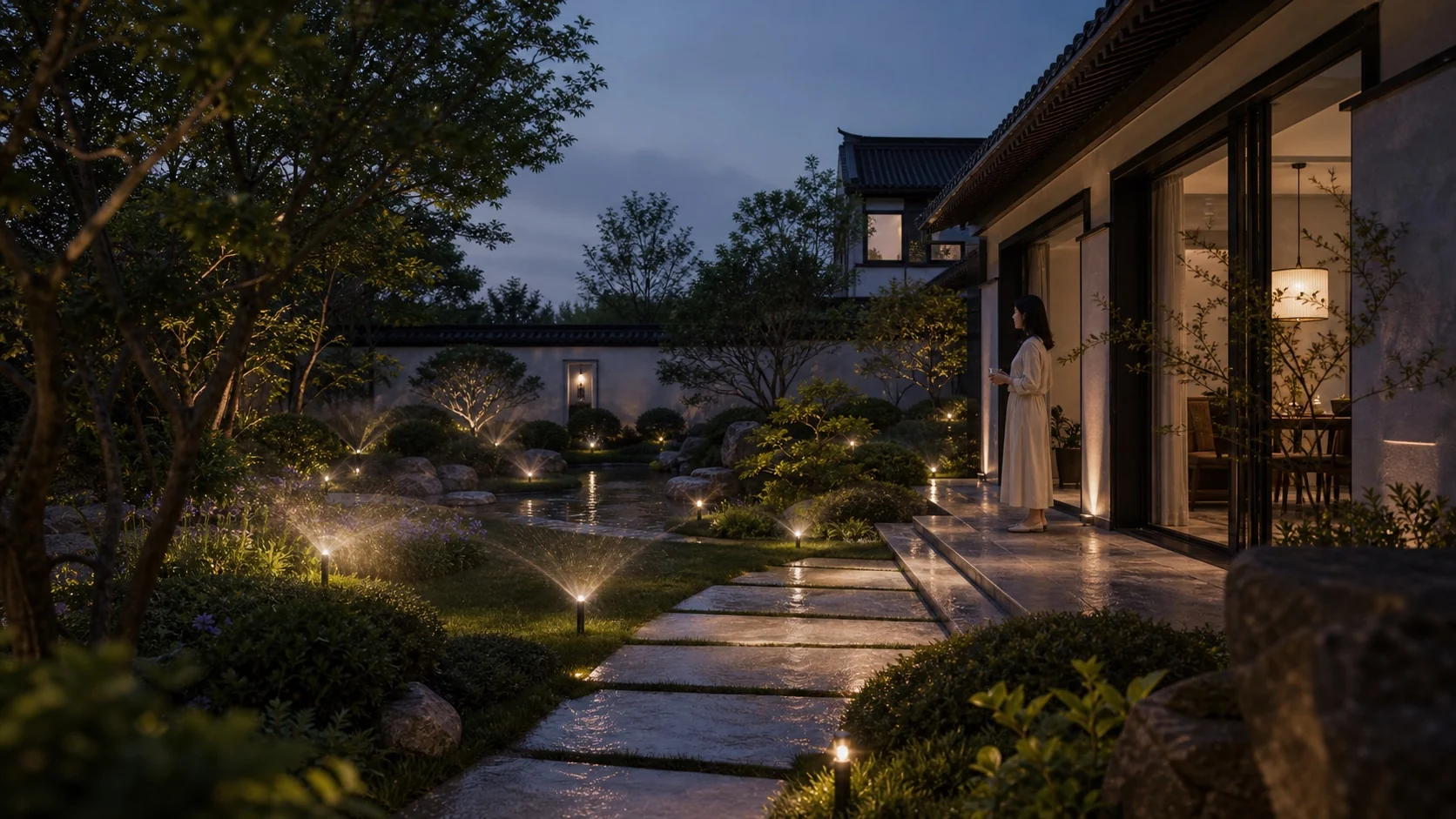 高端别墅庭院夜间自动浇灌场景，低位灯光克制，植物与水流保持柔和稳定
