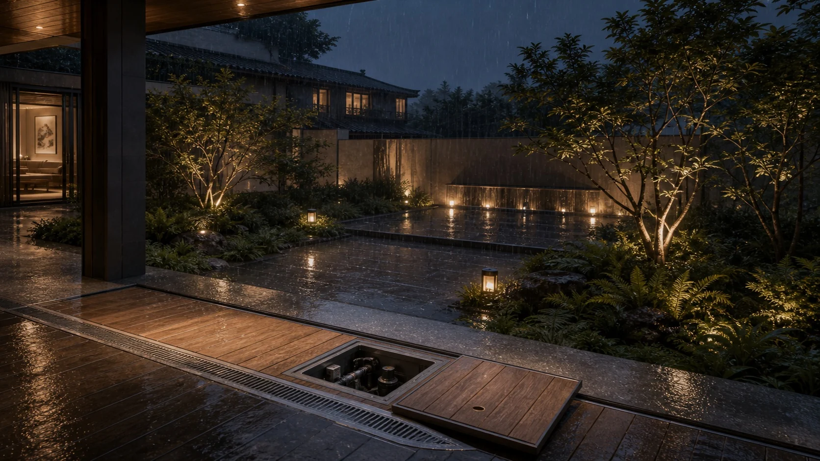 高端住宅地下一层前的下沉前院雨水提升场景，排水沟、集水坑与提升装置被前置组织，雨水有序排走