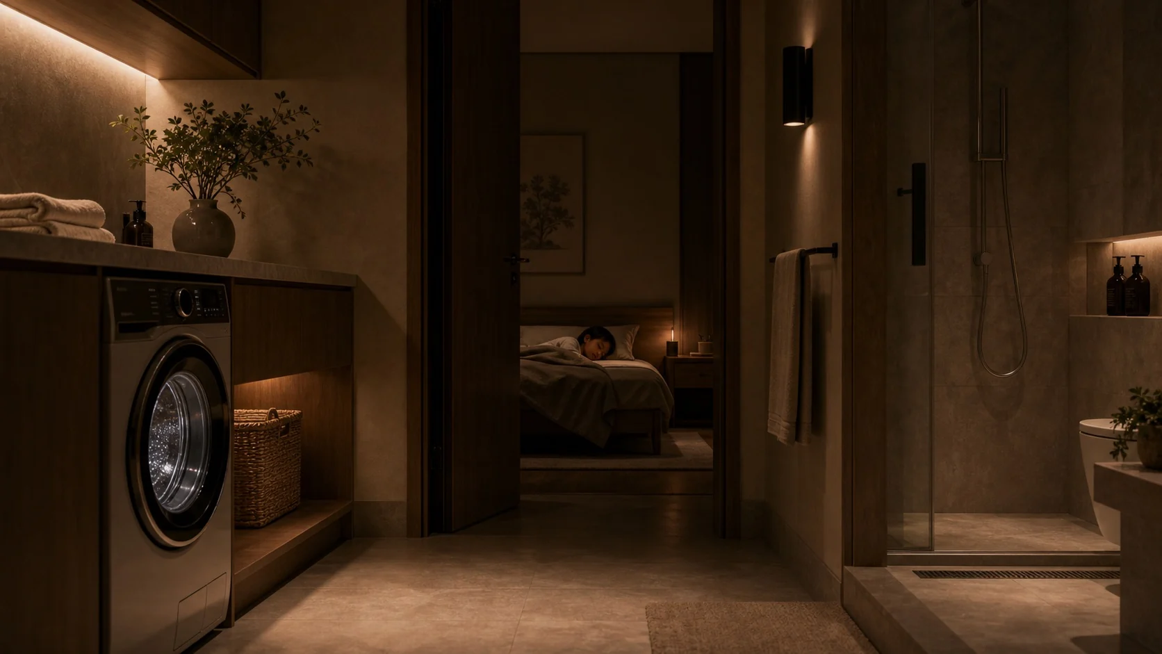 夜间住宅洗衣和卫生间静音排水场景，家人在附近安睡，排水系统安静运行