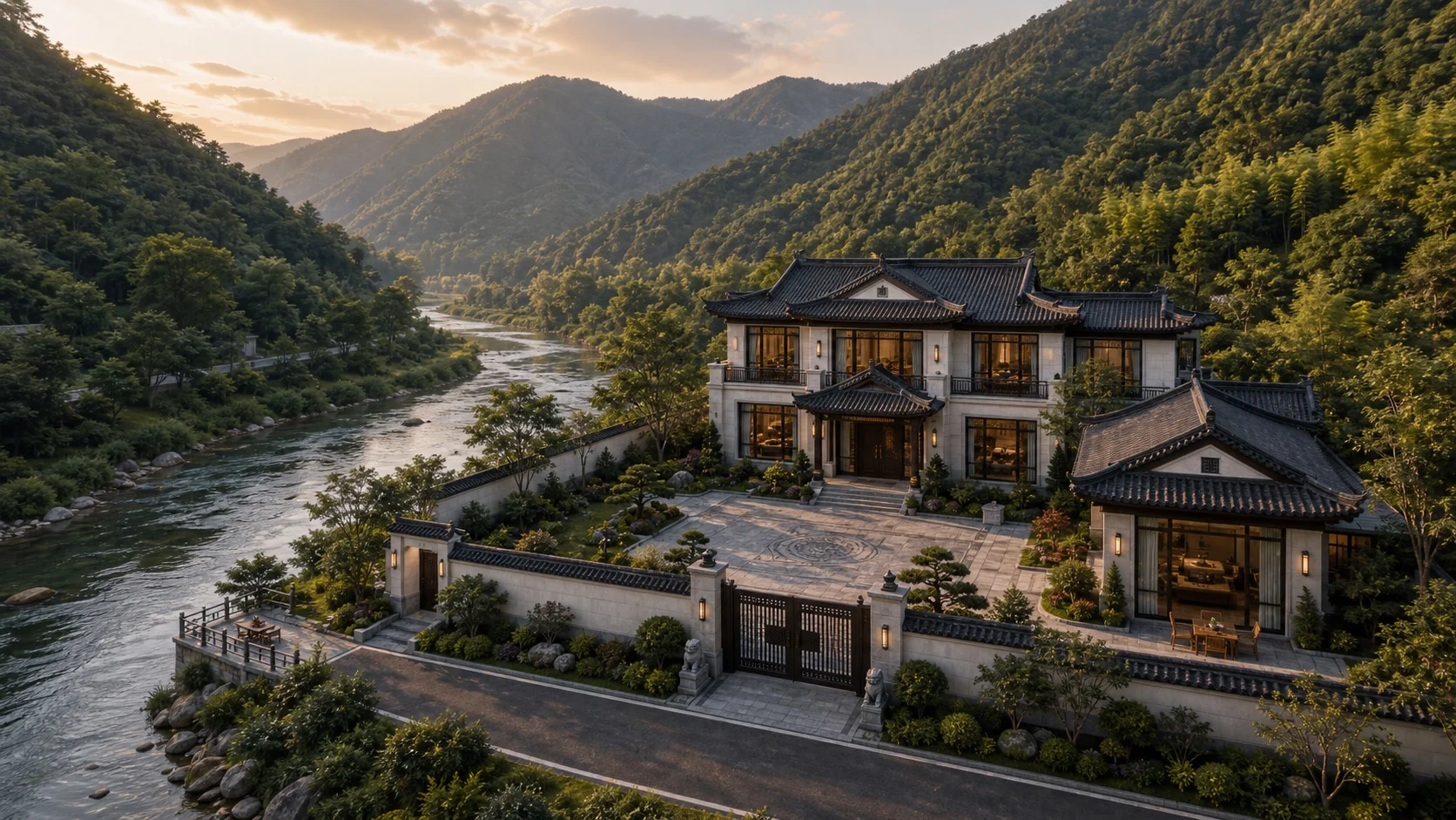 湖南山谷江景中的高端中式自建别墅，房子退离江边保持私密与安全，围墙内宅院完整，侧门通向墙外观景台，可赏江、品茶、钓鱼