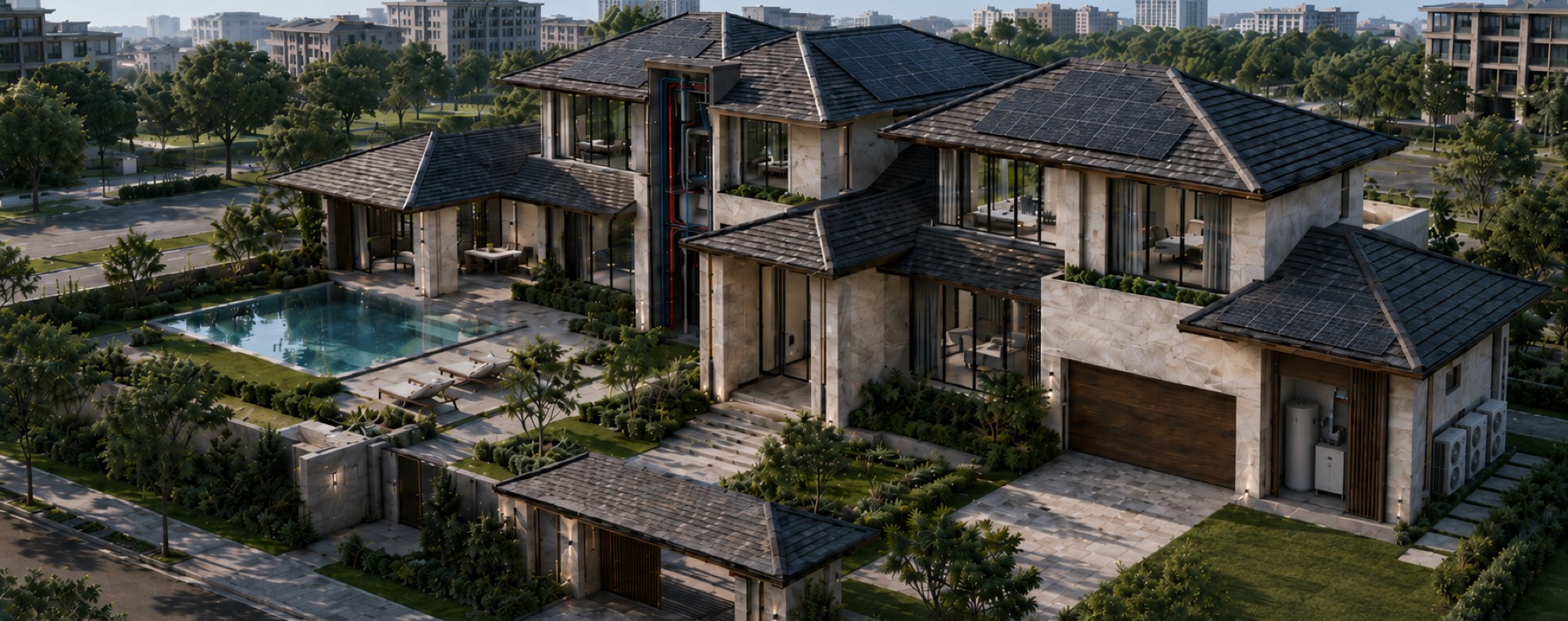 高端现代别墅三分之四俯视远景，局部可见住宅给排水立管与设备竖井，兼顾建筑主视觉与机电系统表达